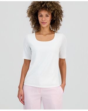 Kasper Textured Elbow-sleeve Top - White