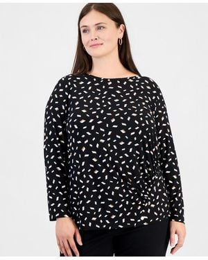 Anne Klein Essentials Plus Size Long-sleeve Boat-neck Ruched Blouse - Black