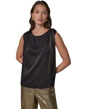 Donna Karan Satin Boat Neck Tie Neck Blouse - Black
