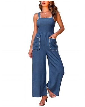 CUPSHE Ric Rac Trim Square Neck Wide-leg Jumpsuit - Blue