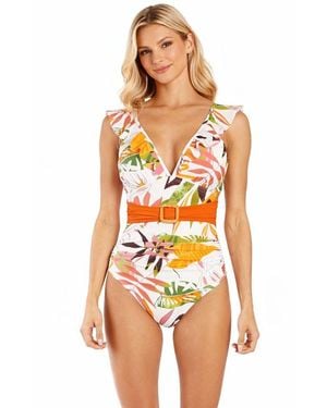La Moda Clothing Club Moda Tropical Print Belted One-piece Swimsuit - Multicolor