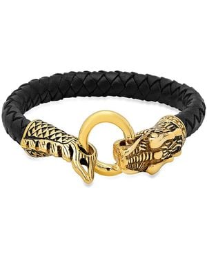 Steeltime Genuine Leather Bracelet With 18k Gold-plated Stainless-steel Dragon Design - Black
