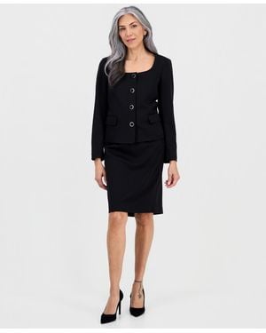 Le Suit Square-neck Button-front Ponte 2 Piece Skirt Suit - Black