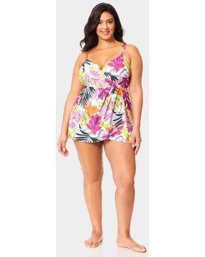 Anne Cole Plus Size V-neck Printed Surplice Skirted Swim Dress - Red