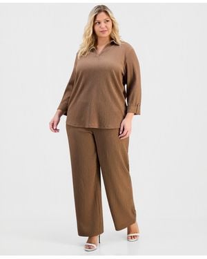 Anne Klein Essentials Plus Size Textured Wide Leg Pants - Brown