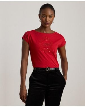 Ralph Lauren Sequin Detail Boat Neck Jersey T-shirt - Red