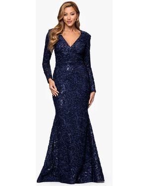 Xscape Petite Long Sleeve V-neck Lace Dress - Blue