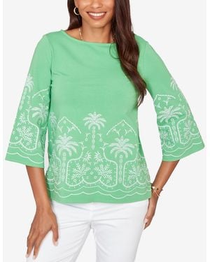 Ruby Rd. Petite Palm Tree Embroidered Knit Top - Green