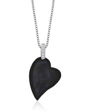 Genevive Jewelry Gold Plated Cz Pave Heart Mother Of Pearl Drop Necklace - Black