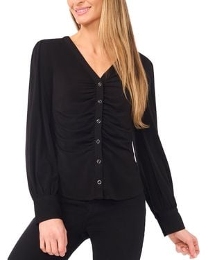 Cece V-neck Long-sleeve Shirred Knit Top - Black