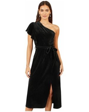 Yumi' Velvet One Shoulder Midi Dress - Black