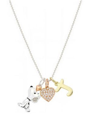 Disney Peanuts Cubic Zirconia Snoopy Heart Initial Cluster Charm Necklace - Metallic