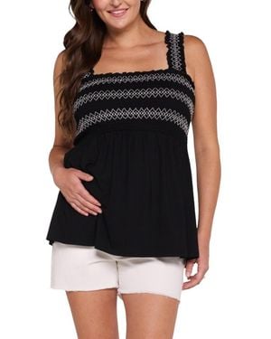 Motherhood Maternity Maternity Motherhood Smocked Embroidery Babydoll Tank - Black