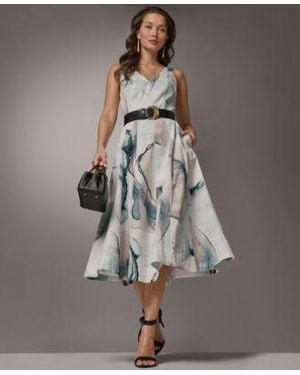 Donna Karan V Neck Belted Midi Dress - Gray