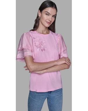 Karl Lagerfeld Ruffled Crewneck Floral Top - Purple