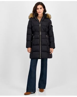 Michael Kors Michael Belted Hooded Faux-fur-trim Puffer Coat - Blue
