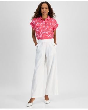 INC International Concepts Petite Linen-blend Wide-leg Pull-on Pants - Pink