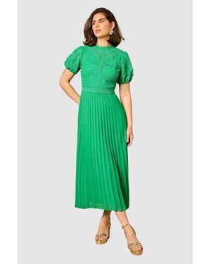 Oasis Lace Puff Sleeve Pleated Midi Dress - Green