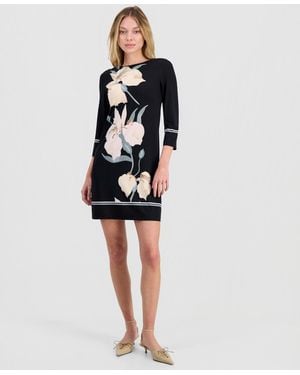 Anne Klein Floral-printed Boat-neck 3/4-sleeve T-shirt Dress - Black