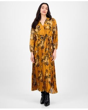 Sandra Darren Petite Printed Pleated Maxi Dress - Metallic