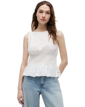 Tommy Hilfiger Smocked Shoulder-tie Top - White