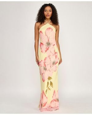 Seni & Cade Large Floral Print Halter Drape Back Dress - Pink