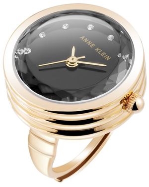 Anne Klein Quartz Faceted Crystal Gold-tone Alloy Metal Ring Watch - Gray