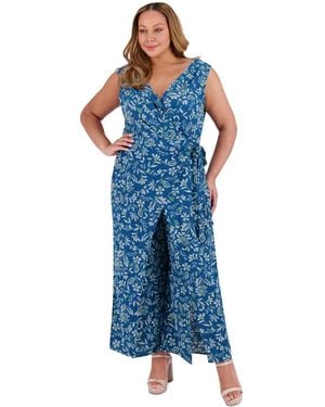 London Times Plus Size Printed Walk-through Jumpsuit - Blue