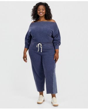 And Now This Trendy Plus Size French Terry Barrel-leg Pants - Blue