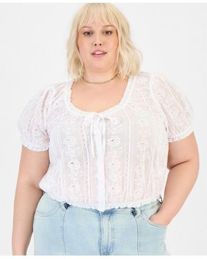 And Now This Plus Size Cotton Embroidered Cropped Blouse - White