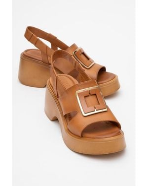 Forever & Always Shoes Lucia Leather Buckle Platform Sandal () - Brown