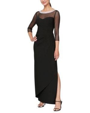 Alex Evenings Embellished Neck Side Ruched Illusion Dress - Black