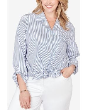 Ruby Rd. Plus Size Snap Front Tie Hem Pucker Stripe Top - Blue