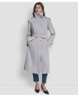DKNY Belted Funnel Collar Long Trench Coat - Gray