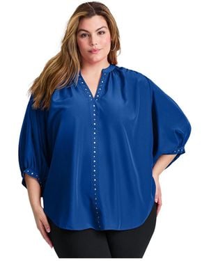 Avenue Plus Size Studded Blouson Sleeve Blouse - Blue