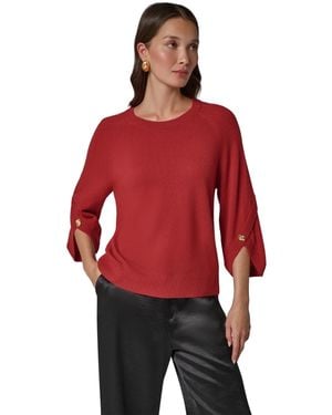 Donna Karan Cashmere 3/4-sleeve Tulip Crewneck Sweater - Red