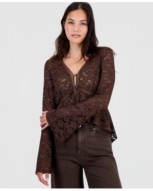 And Now This Lace Bell-sleeve Button-front Top - Brown