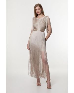 Karen Millen Maxi Draped Fringe Knitted Mini Dress - White