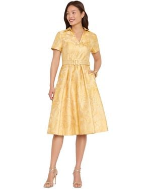 Tahari Belted Short-sleeve Collared Midi Dress - Yellow