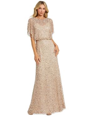 Mac Duggal Petite High Neck Short Sleeve Embellished Gown - Natural