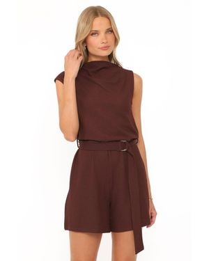 Petal & Pup Zaia Belted One-shoulder Short Cap Sleeve Romper - Red
