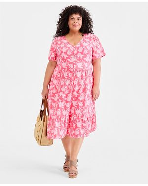 Style & Co. Plus Size Printed Flutter-sleeve Cotton Dress - Pink