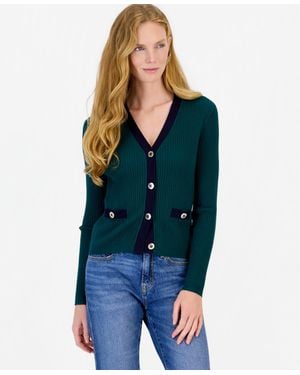 Nautica Ribbed Tipped V-neck Cardigan - Blue