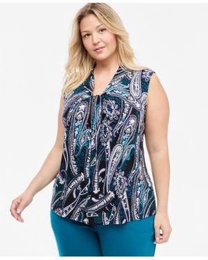 Kasper Plus Size Knot Front Sleeveless V-neck Paisley Blouse - Blue