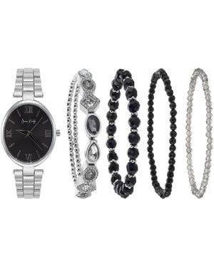 Playzoom Jessica Carlyle Analog Shiny Silver-tone Metal Strap Watch 34mm 5 Pieces Bracelet Gift Set - White