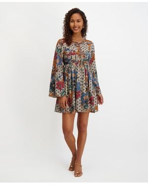 Kensie Printed-chiffon Long-sleeve Fit And Flare Dress - White