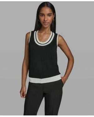 KARL LAGERFELD Scoop Neck Sleeveless Knit Top With Contrast Trim - Black
