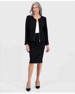 Le Suit Collarless Zip-front Ponte 2 Piece Skirt Suit - Black