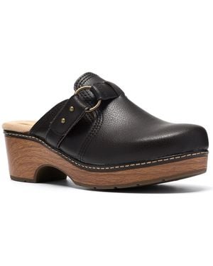 Clarks Paizlee Ali Leather Block Heel Mule Clogs - Black