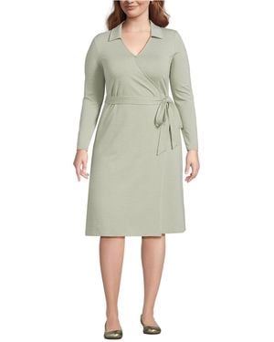 Lands' End Plus Size Cotton Modal Collared Wrap Dress - Green